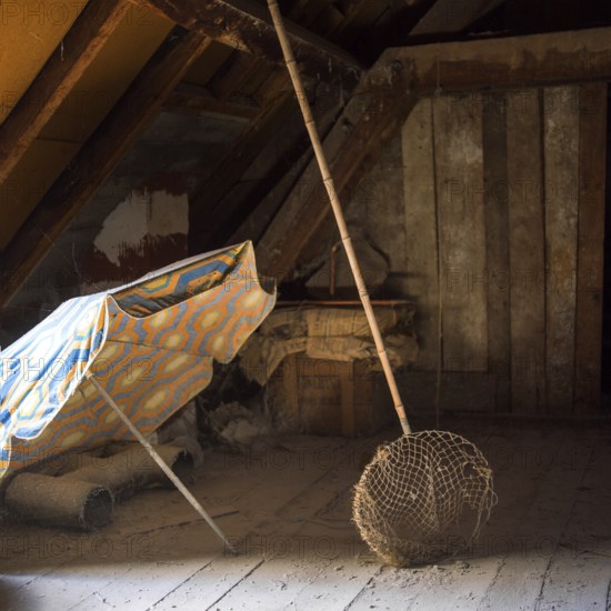 Sunlight filters through an attic, illuminating a colorful sunshade and a butterfly net alongside