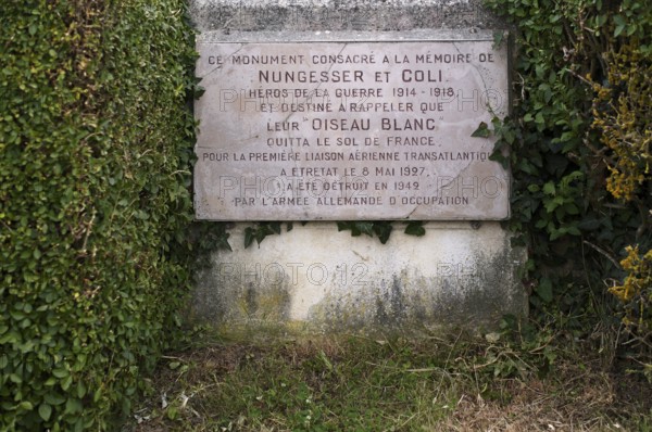 Memorial plaque, monument in honour of the French aviators François Coli and Charles Nungesser,