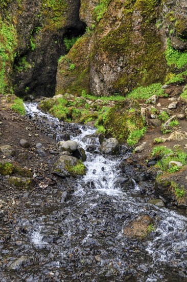 Entrance to the mystical lava cave, Sönghellir lava tube, Cave of Songs, watercourse, Arnarstapi,