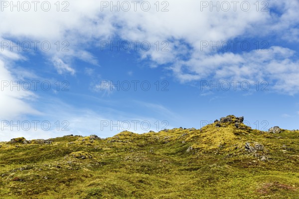 Volcanic rock, overgrown with moss, sparse vegetation, volcanic landscape, cumulus, text free