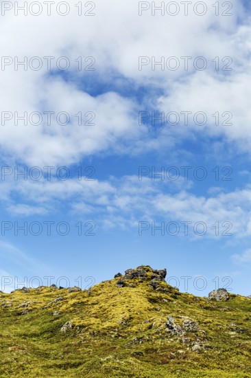 Volcanic rock, overgrown with moss, sparse vegetation, volcanic landscape, cumulus, text free