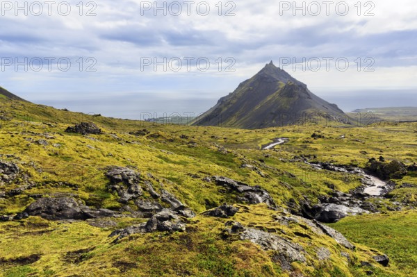 Barren moss-covered volcanic landscape, cone-shaped mountain Stapafell, Arnarstapi, Snæfellsjökull
