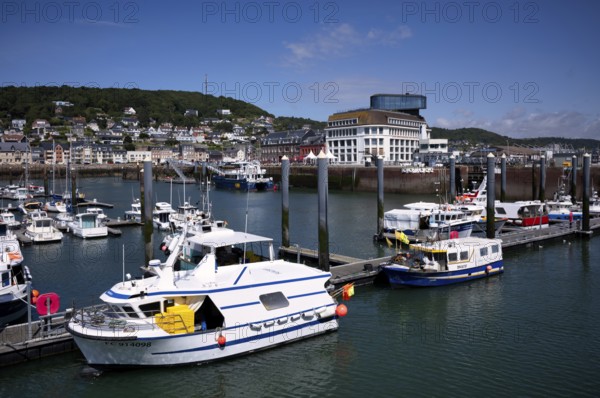 Boats, ships, harbour, marina Avant-Port, behind museum Musée des Pêcheries, Fécamp, Normandy,