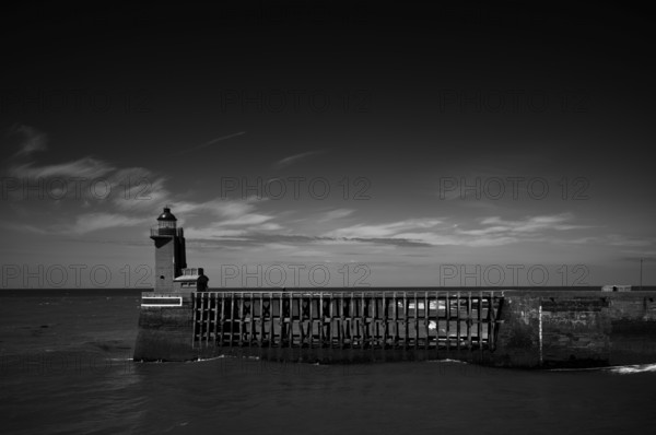 Sea, lighthouse Feu de la jetée Sud, lighthouse, black and white, harbour entrance, pier, Fécamp,