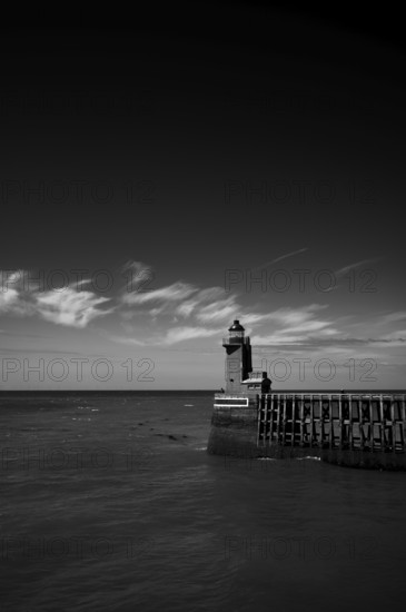 Sea, lighthouse Feu de la jetée Sud, lighthouse, black and white, harbour entrance, pier, Fécamp,