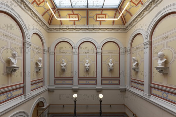 Staircase with busts of ancient Greek and Roman scholars, main building of the University of