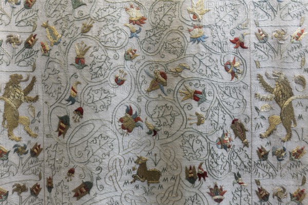 Wedding cloth from the 16th century, embroidered ornaments and lions, St Mary's Church, Rostock,