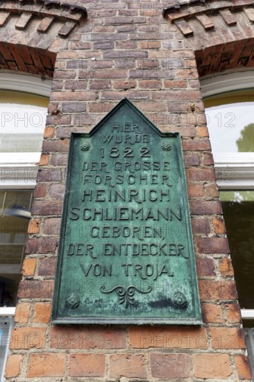 Plaque in the birthplace of Heinrich Schliemann, discoverer of Troy, Neubukow, district of Rostock,