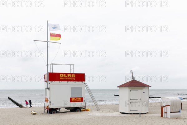 DLGR water rescue station on the beach at the Baltic Sea, grey sky, Kühlungsborn,
