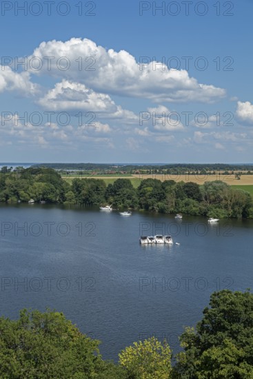 View from the tower of St Mary's Church, motor yachts, Müritz, lake, trees, Röbel, Mecklenburg Lake
