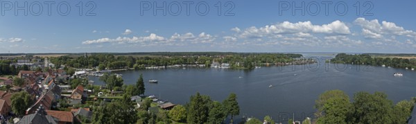 Panoramic view from the tower of St Mary's Church, Photomerge, Müritz, lake, boats, boathouses,