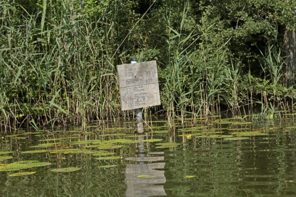 Old signpost at the border of the Müritz National Park, Leppinsee, Mecklenburg Lake District,