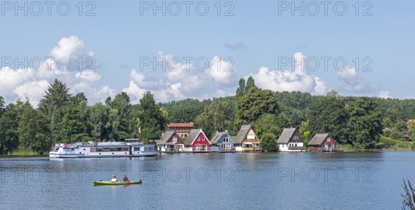 Boathouses, holiday homes on Lake Mirow, excursion boat, canoe, Mirow, Mecklenburg Lake District,