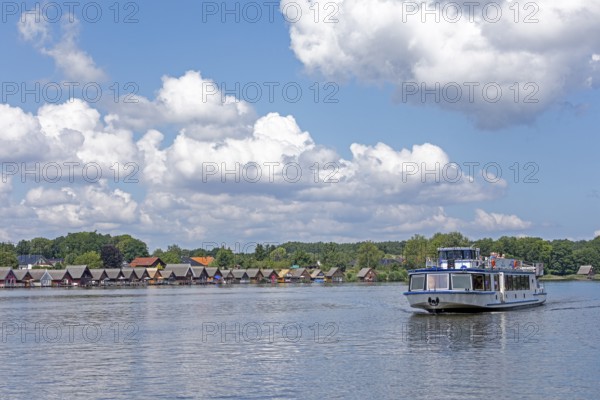 Boathouses, holiday homes on Lake Mirow, excursion boat, Mirow, Mecklenburg Lake District,