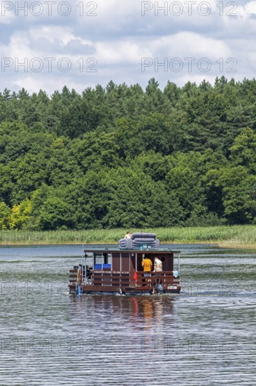 Houseboat, Zotzensee, Mecklenburg Lake District, Mecklenburg-Western Pomerania, Germany