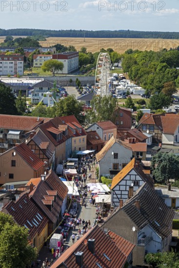 View from the tower of St Mary's Church, lake festival, Ferris wheel, old town centre, Röbel,