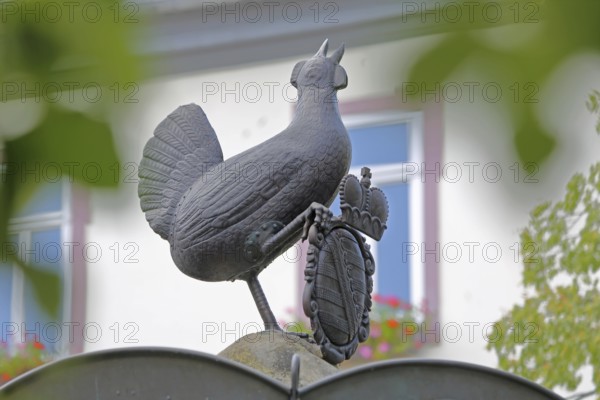 Grey bronze sculpture and coat of arms with crown at the Hennebrunnen fountain, bird figure,