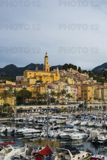 Town with colourful houses by the sea, sunrise, Menton, Alpes Maritimes, Provence Alpes Cote