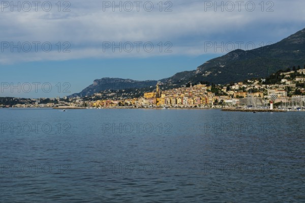 Town with colourful houses by the sea, Menton, Alpes Maritimes, Provence Alpes Cote d'Azur, French