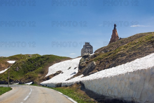 View from last bend of alpine road pass road mountain road in front of pass summit of Little Saint