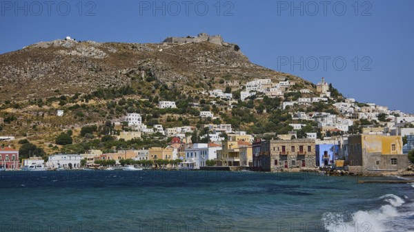 Panteli Fortress, Hilly coastal town with densely built blue and white houses, Agia Marina, Leros,