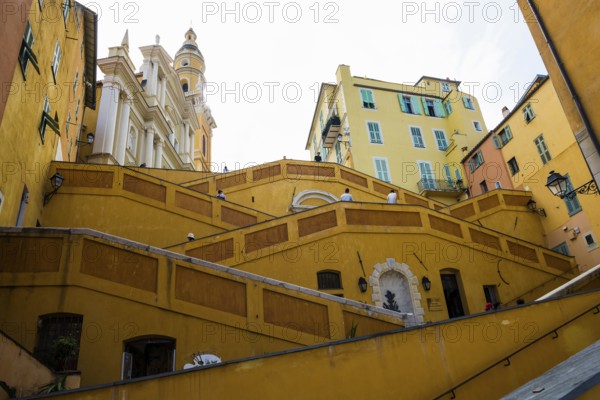 Town with colourful houses by the sea, Menton, Alpes Maritimes, Provence Alpes Cote d'Azur, French