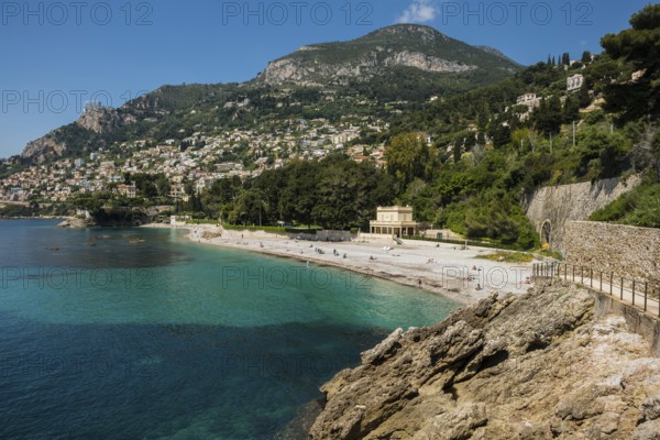 View of Roquebrune and Monaco, Plage du Golfe Bleu, Alpes Maritimes, Provence Alpes Cote d'Azur,