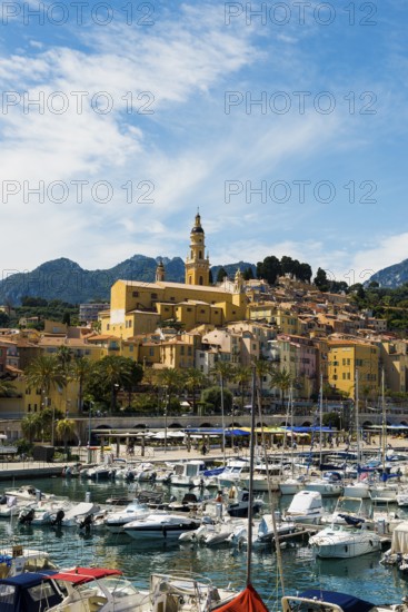 Town with colourful houses by the sea, Menton, Alpes Maritimes, Provence Alpes Cote d'Azur, French