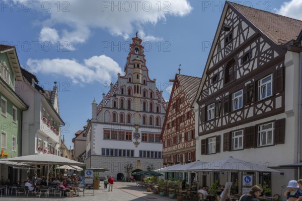 Historic town hall, built in 1426, historic half-timbered houses on the right, Bad forest lake,