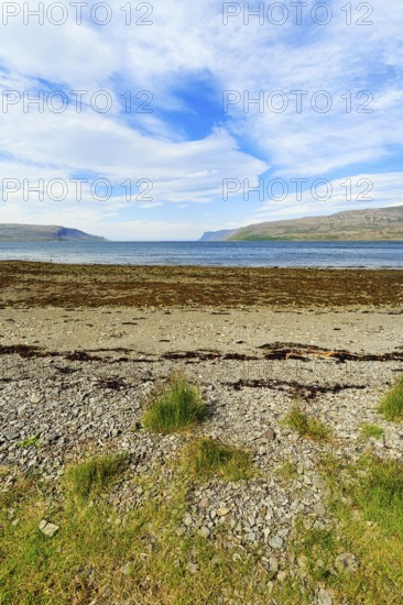 Fjord landscape with pebble beach, Skápadalur valley, coastline, Patreksfjördur, Vestfirðir,