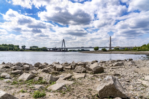Low water level of the Rhine at Leverkusen, new Rhine bridge on the A1 motorway, extremely low