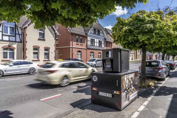 Semi-stationary speed camera in Nobelstraße, in the Wiesdorf district of Leverkusen, Bayer AG's