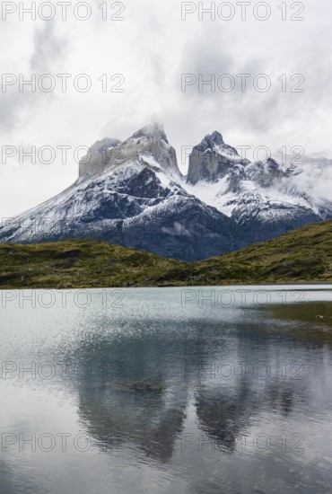 Cuernos del Paine mountain range, reflection in Lago Nordenskjöld, Torres del Paine National Park,