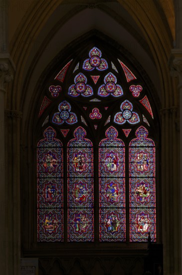 Interior view, stained glass window, coloured church windows, Cathédrale Notre-Dame de Bayeux,