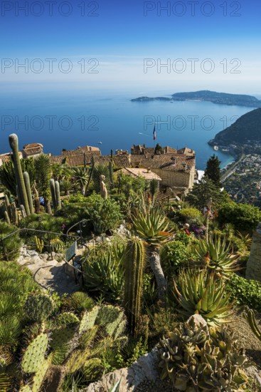 Picturesque mountain village overlooking the sea, Jardin Exotique, Èze, Cote d'Azur,