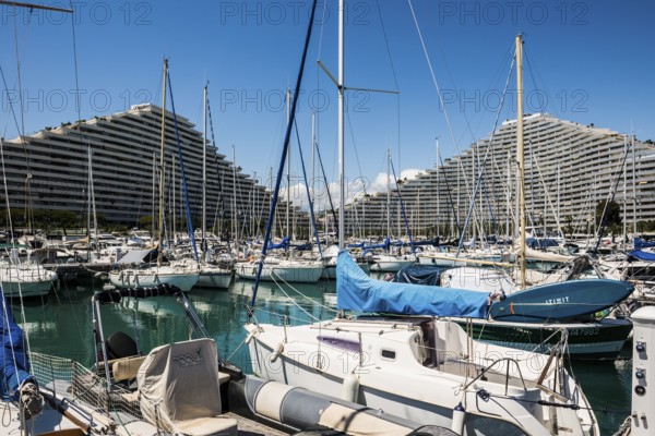 High-rise flat blocks by the sea, Marina Baie des Anges, Villeneuve-Loubet, Provence Alpes Côte