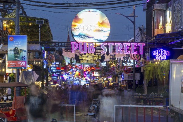 Neon lights, Pub Street in the evening, entertainment district with bars and restaurants, Siem