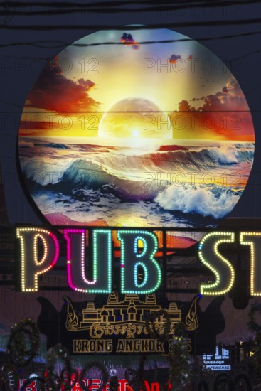 Neon lights, Pub Street in the evening, entertainment district with bars and restaurants, Siem