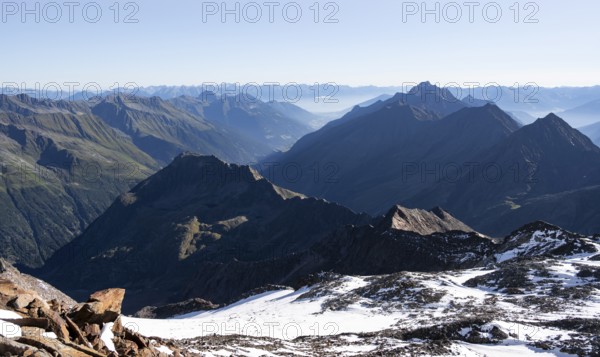 Mountain panorama at the Wilder Freiger summit, high mountain landscape, view towards the Stubai