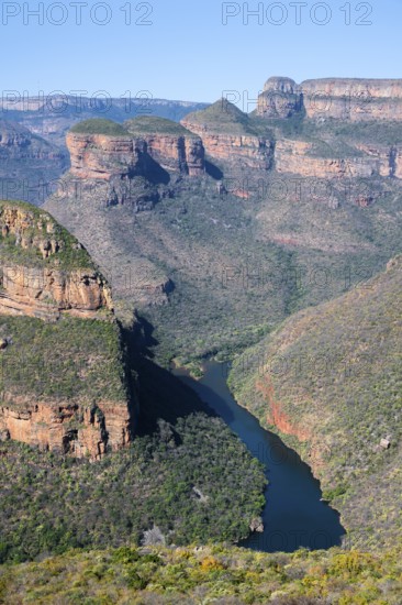Blyde River Canyon with Three Rondawels peak, view of canyon with Blyde River and Table Mountains,