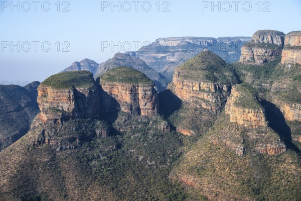 Blyde River Canyon with Three Rondawels peak, view of canyon and table mountains, canyon landscape,