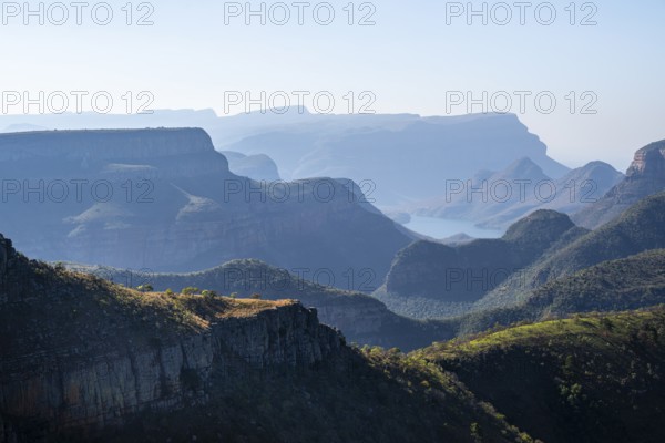 View of the Blyde River gorge, Lowveld Viewpoint, in the evening light, canyon landscape, Blyde