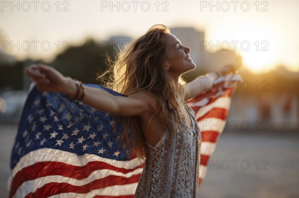 Beautiful attractive patriotic young woman with the American flag held in her standing in the