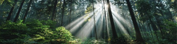 Beautiful rays of sunlight in a green forest shining through trees and tree branches. Concept of