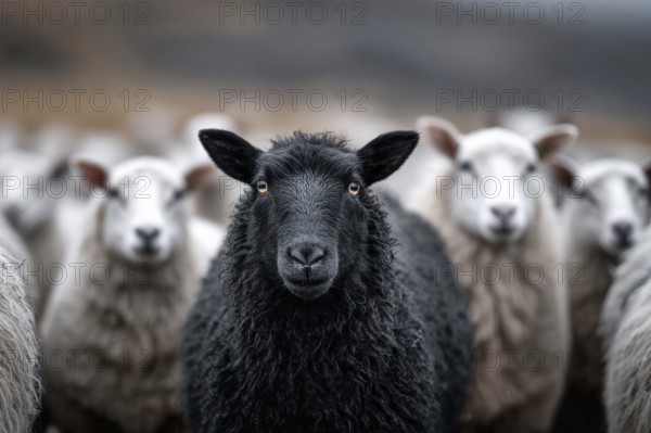 Black sheep sticking among white sheep. Black sheep in the family. Concept of a different person or