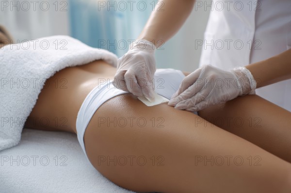 Bikini waxing of a beautiful young attractive woman in a spa. Luxury treatment for perfect skin and
