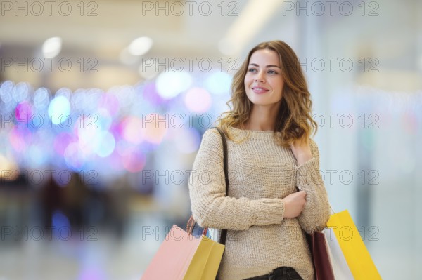 Beautiful young happy attractive woman with bags of different colours in shopping center mall