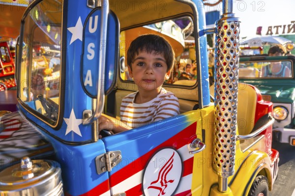 Young boy driving a vibrant, colorful toy truck while enjoying a playful day at a funfair carousel,