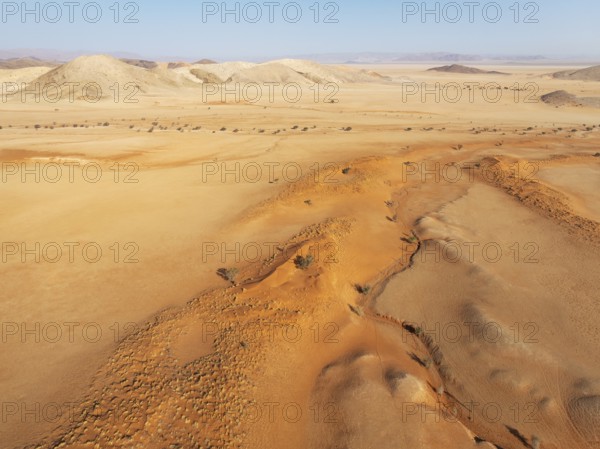 Arid plains grown with camelthorn trees (Vachellia erioloba), sand dunes and bare mountain ridges