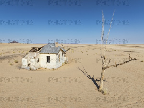 The long abandoned Garum train station in the southern Namib Desert. Aerial view. Drone shot.